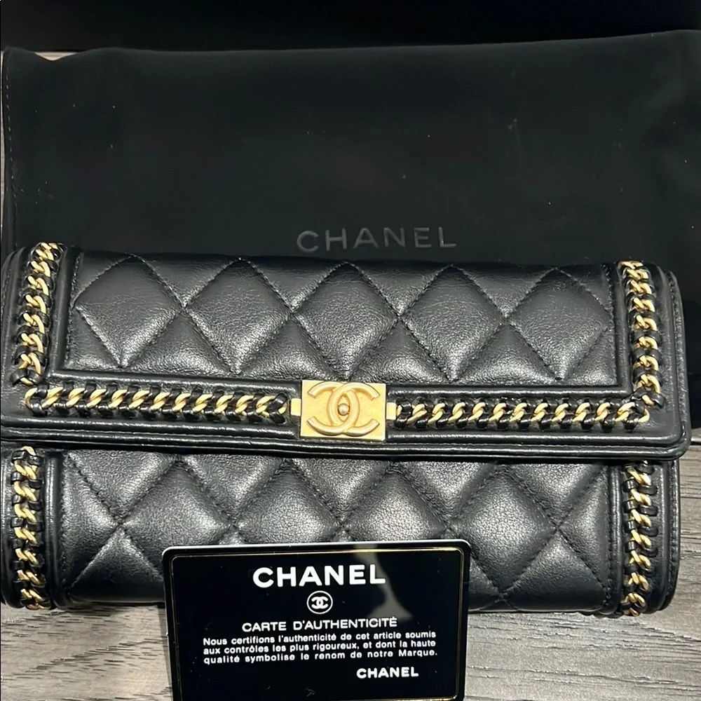 RARE!! Chanel Black and Gold Quilted distressed chain flap wallet
